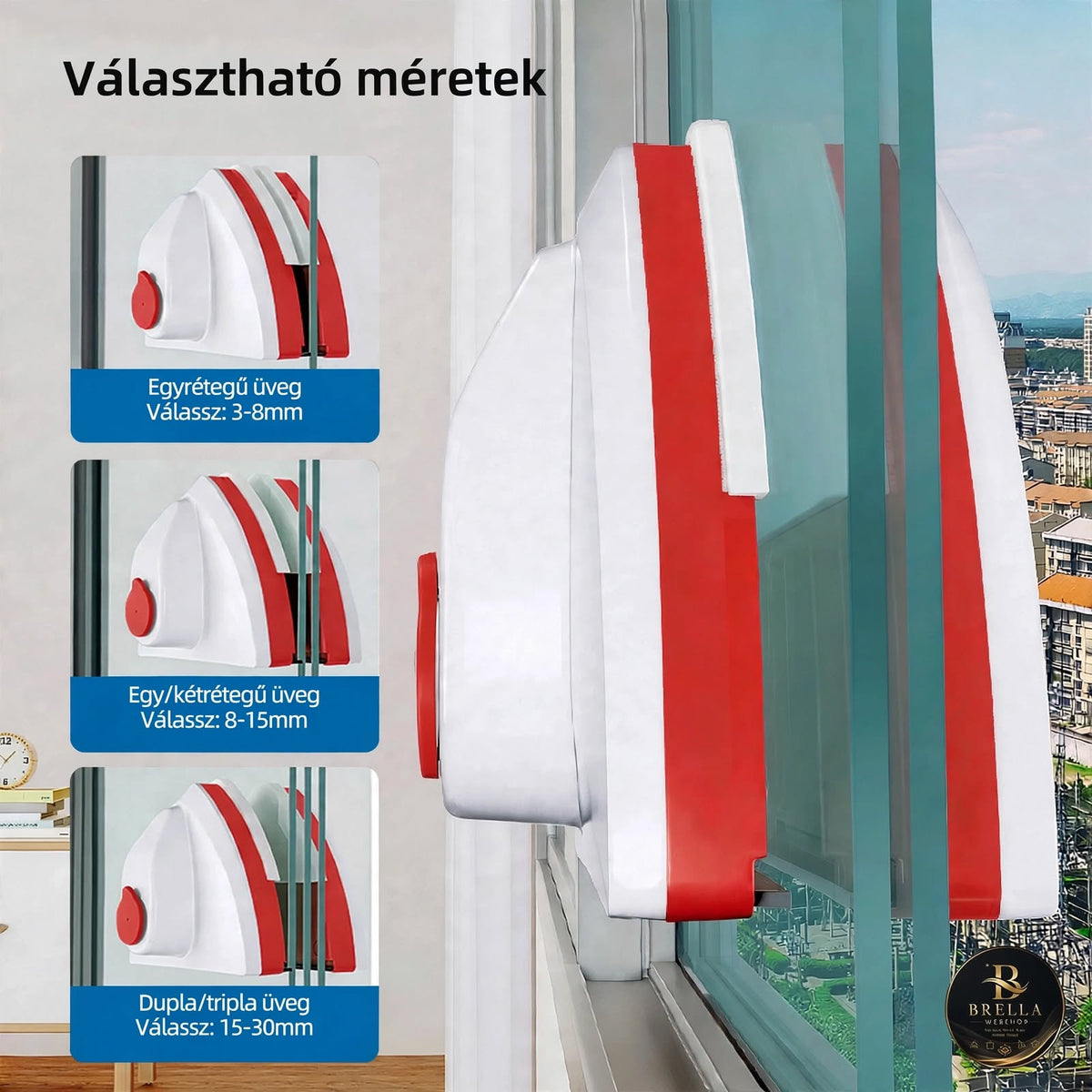 Mágneses ablaktisztító robot – 3-30 mm üvegvastagsághoz, vegyszermenetes, 4 méretben