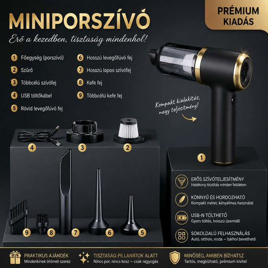 PowerClean Mini kézi porszívó – USB töltős, 9 tartozékkal, autóhoz és otthonra